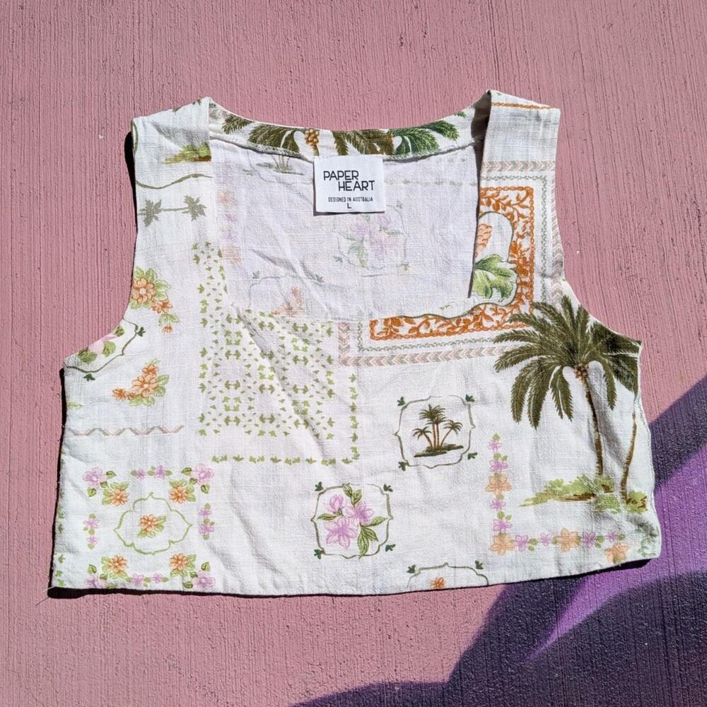 Paper Heart Tropical Palm Print Linen Blend Square Neck Crop Top Large